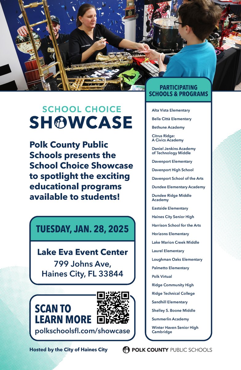 Our first School Choice Showcase is coming up next Tuesday, Jan. 28, from 4-7 p.m. in Haines City. This is an opportunity to explore PCPS programs and get help with applications to magnet schools, career academies and other programs for 2025-26. polkschoolsfl.com/schooloptions