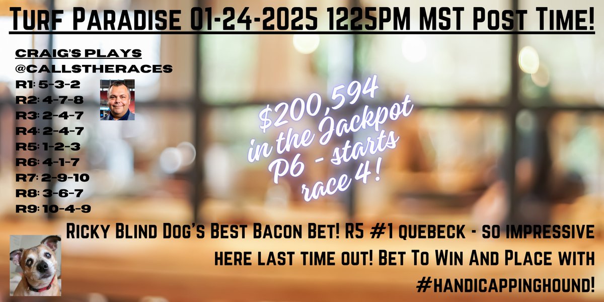 ClassicGolferUS's tweet photo. Ricky Blind Dog is here, today to bring you nine races from the TUP! And with over $200K in the 20c Pick 6 Jackpot - #handicappinghound has a Best Bacon Bet that is sure to get your weekend off to a sizzling start! @turf_paradise! https://t.co/mRCoGVfxnb