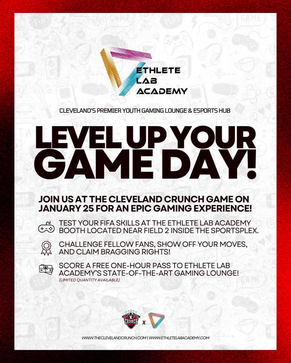Ethlete Lab Academy (@elagaminglounge) on Twitter photo We are excited to be apart of Soccer Saturdays this weekend with <a href="/clecrunch/">Cleveland Crunch</a> !
Stop by to say hi, compete against other Crunch fans in short FIFA Matches, and receive a free one - hour game pass to our state of the art gaming lounge (limited supply)! Hope to see you there! We are excited to be apart of Soccer Saturdays this weekend with <a href="/clecrunch/">Cleveland Crunch</a> !
Stop by to say hi, compete against other Crunch fans in short FIFA Matches, and receive a free one - hour game pass to our state of the art gaming lounge (limited supply)! Hope to see you there!