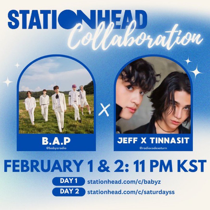 babyzradio's tweet image. ANNOUNCEMENT! Please join us for a collab with Jeff x Tinnasit @radiocodesaturn

🗓️February 1 &amp;amp; 2

DAY 1 (Feb. 1st) 'BABYz' channel 11PM KST
DAY 2 (Feb. 2nd) 'Saturdayss’ Channel  11PM KST

Check your timezone👇
shorturl.at/x0Y1d

#비에이피 #BAP #JeffSatur #TINNASIT