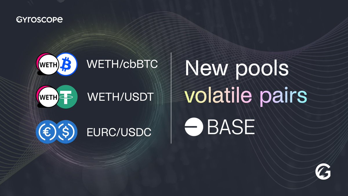 New wave of Volatile Pair Pools is live on <a href="/base/">Base</a> with $GYD incentives.

Volatile pairs are Gyroscope's newest and most profitable pool type. With pools reaching 100s % swap APRs.

Gyro pools make these yields accessible to passive LPs without requiring sophisticated management.