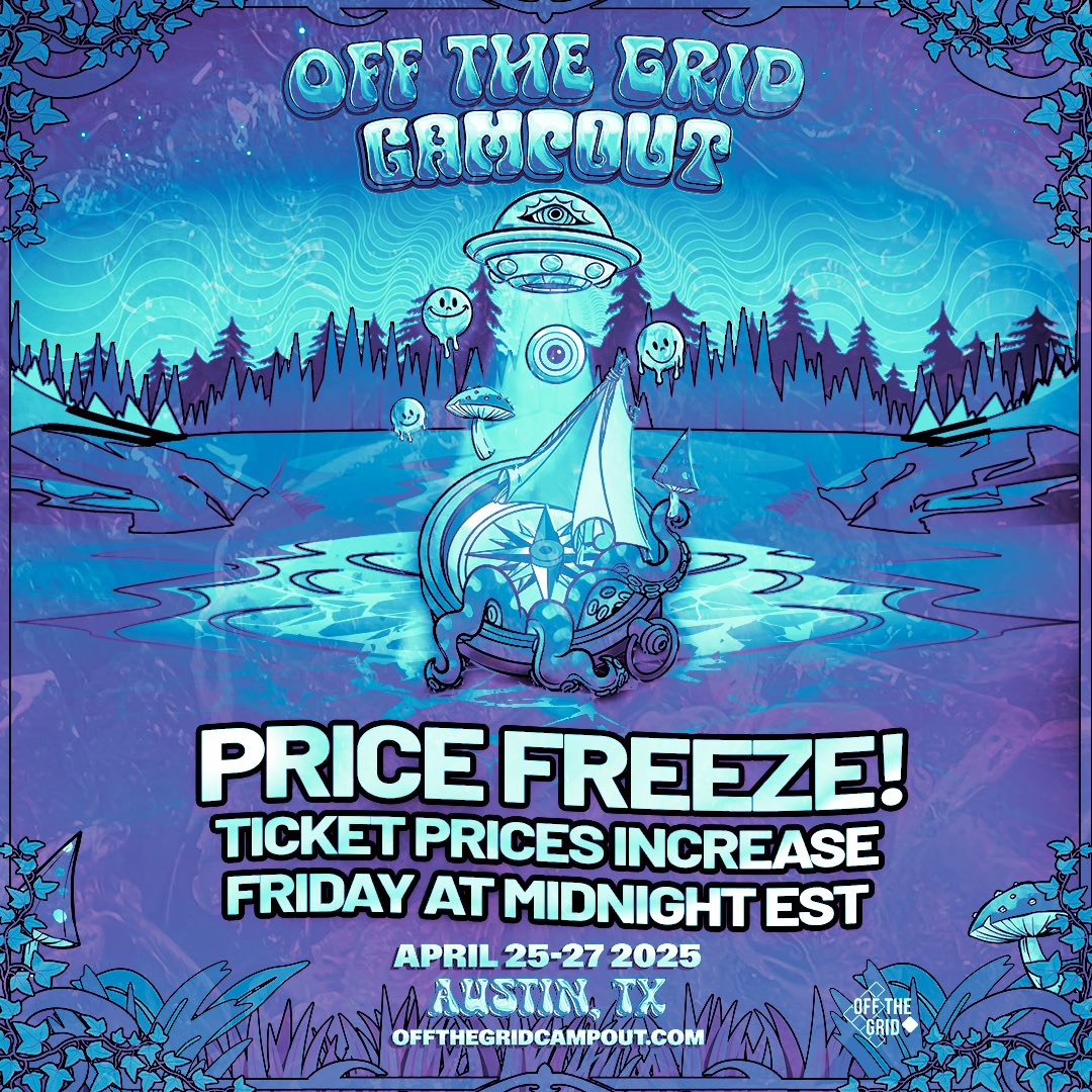 PRICE FREEZE!🥶 Off the Grid Campout is waiting for you! 🌌 Due to overwhelming demand, we've extended our current pricing for an additional day! Prices now increase tonight at midnight EST—don’t miss your chance to join us. Secure your spot now! 🎶