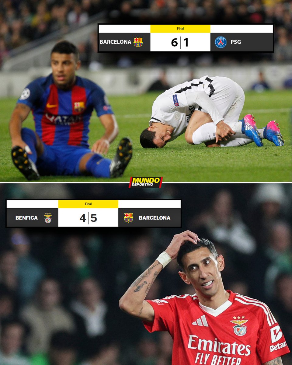 Di María, présent lors du retour contre le PSG et lors du retour contre Benfica 
🔙 L'Argentin est entré en seconde période au Camp Nou avec 30 au tableau d'affichage 
📌 À Lisbonne, il est également entré en seconde période avec 42 en le brillant.
Il gardera un mauvais souvenir