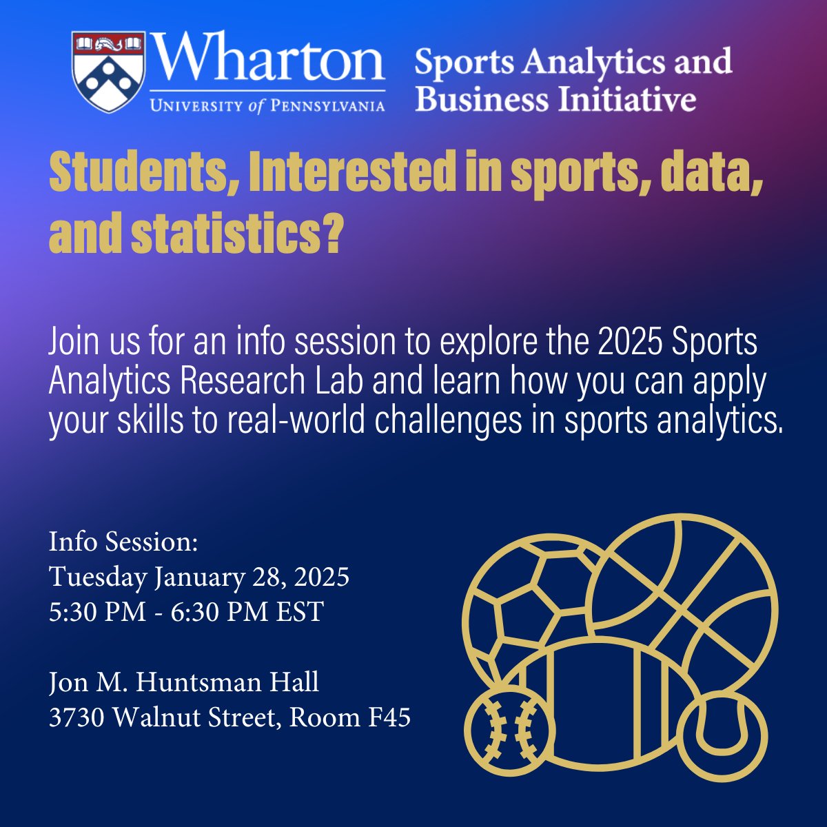 Calling all <a href="/Penn/">Penn</a> #students! 

Interested in learning about the Sports Analytics Research Lab? Join us at our info session next week. 

📅 January 28
⏰ 5:30–6:30 PM EST
📍 JMHH F45

Open to rising sophomores, juniors, seniors, &amp; grad students. Learn more: whr.tn/4hskooF