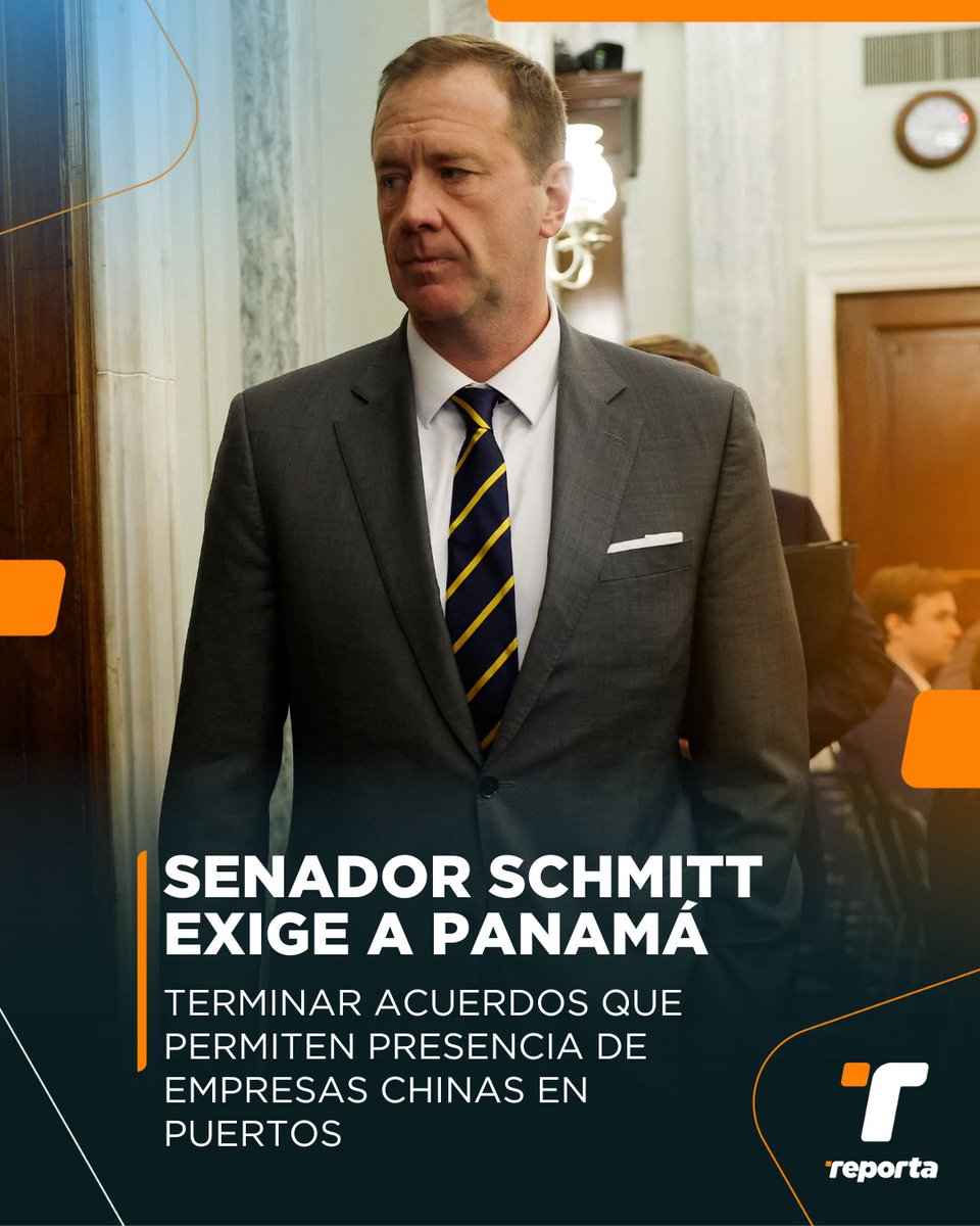 TReporta's tweet photo. El senador republicano Eric Schmitt presentó ante el Senado de los Estados Unidos una resolución mediante la cual exige al Gobierno de Panamá terminar los acuerdos que permiten la presencia de empresas estatales chinas para la administración de infraestructura estratégica, como los puertos de Balboa y Cristóbal.

Según Schmitt, con esto se busca proteger al Canal de Panamá de la influencia china y garantizar su neutralidad.

“La República Popular China es el principal adversario de Estados Unidos. El control de los puertos por parte de empresas con sede en China en el Canal de Panamá, que es una arteria marítima irreemplazable para el comercio mundial, así como para los intereses navales estadounidenses, es una preocupación importante no solo para Estados Unidos sino para todo el hemisferio occidental. Esta resolución toma medidas inmediatas para proteger los intereses nacionales fundamentales de Estados Unidos. El presidente Trump ha dejado en claro que nuestra seguridad nacional, especialmente en el Canal de Panamá, es una prioridad”, dijo Schmitt.