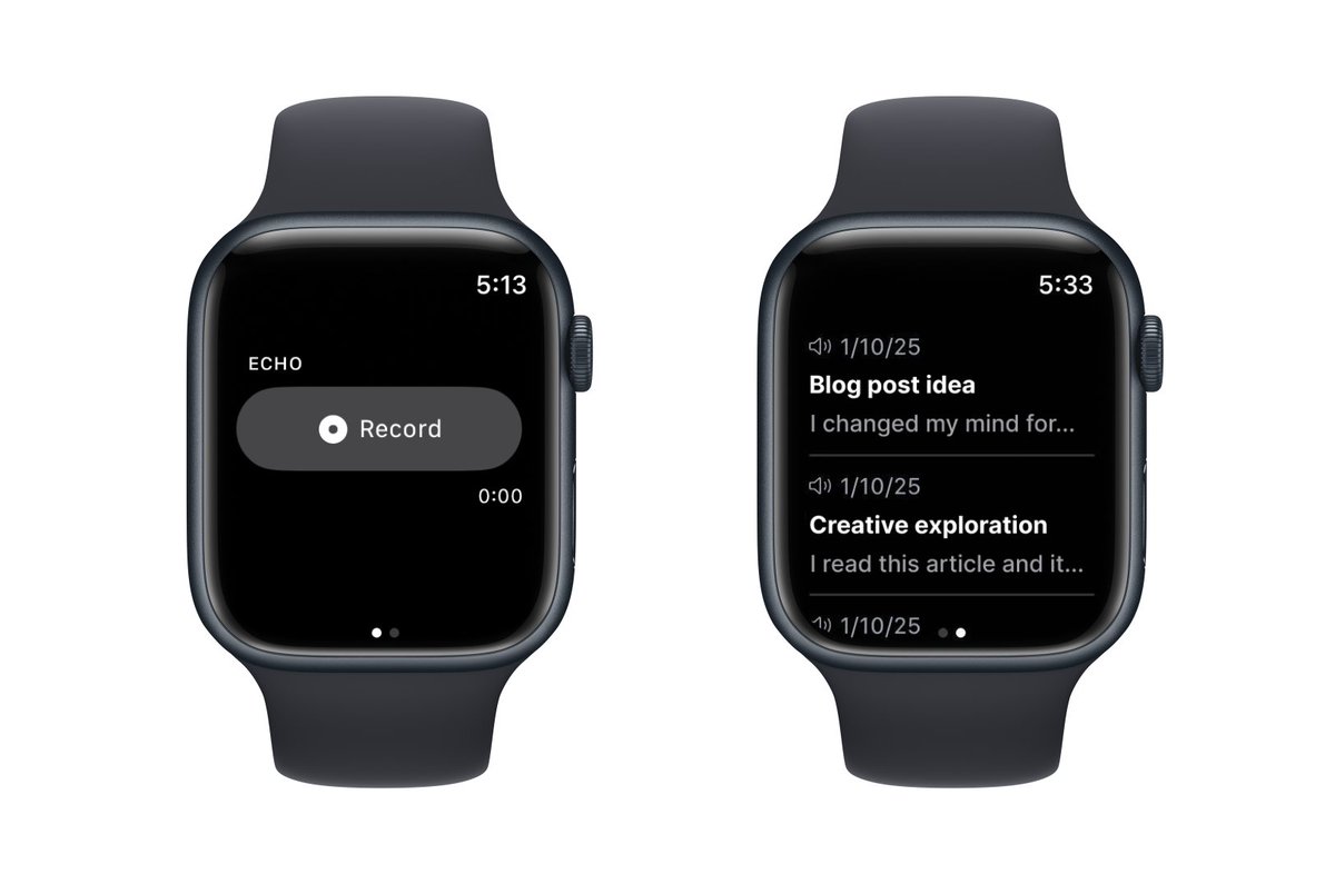Echo now available on Apple Watch ⌚️ 

- Includes watch complication so you can customize your favorite watch face.
- Supports offline mode (leave your phone at home, go for a run, and capture ideas as they hit you).