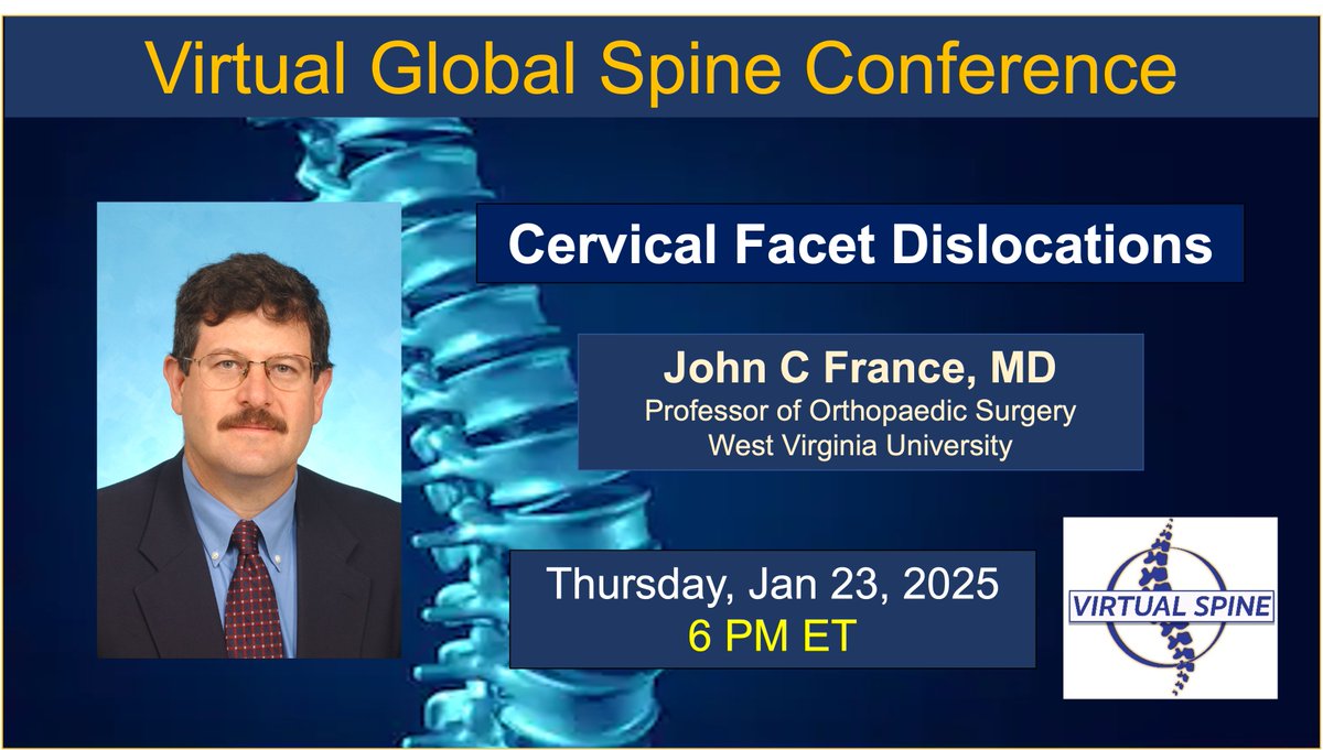 Missed the live session ❓The interactive <a href="/virtualspine/">Virtual Global Spine Conference</a> expert talk featuring Dr. John C. France from <a href="/WestVirginiaU/">WVU Mountaineers · Let's Go!</a> on Cervical Facet Dislocations is now available on YouTube! 🎥✨Watch and learn here: youtube.com/watch?v=giWoSK… 
#Orthopedics #Neurosurgery #Spine #SpinalInjuries