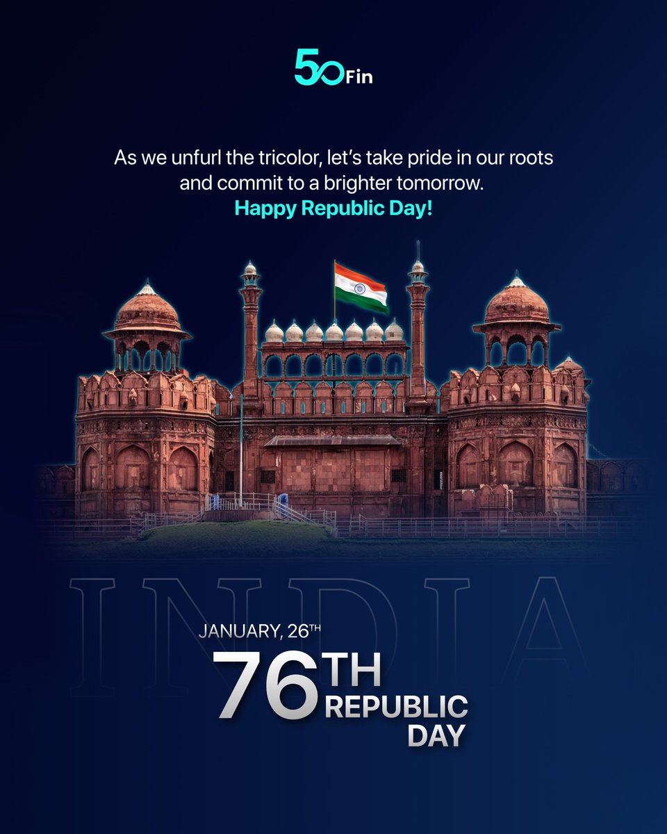 50fintech's tweet photo. Happy Republic Day from all of us at 50Fin!

As we unfurl the tricolor, let's take pride in our roots and commit to a brighter tomorrow. ✨

Let’s celebrate the spirit of India and work towards a prosperous future together.

#RepublicDay #India #Pride #50Fin https://t.co/ZpoPI5ToNY