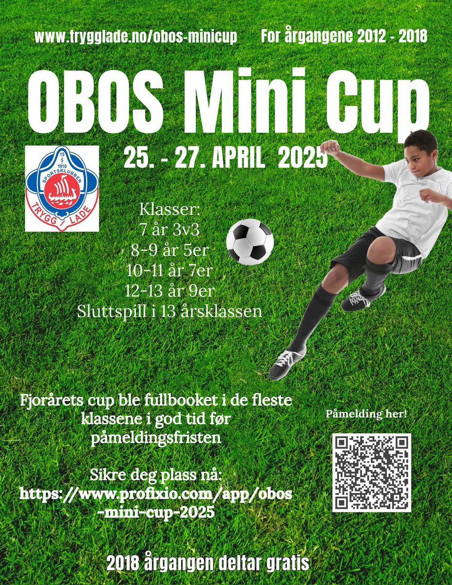 Påmelding til årets OBOS Mini Cup er åpnet. Vi har allerede 131 påmeldte lag. De yngste, 2018 årgangen, spiller alle kamper innendørs i fotballhallen

Påmelding: profixio.com/app/obos-mini-…

Del gjerne!

#tryggrausstoltsammen #trygglade #obosminicup