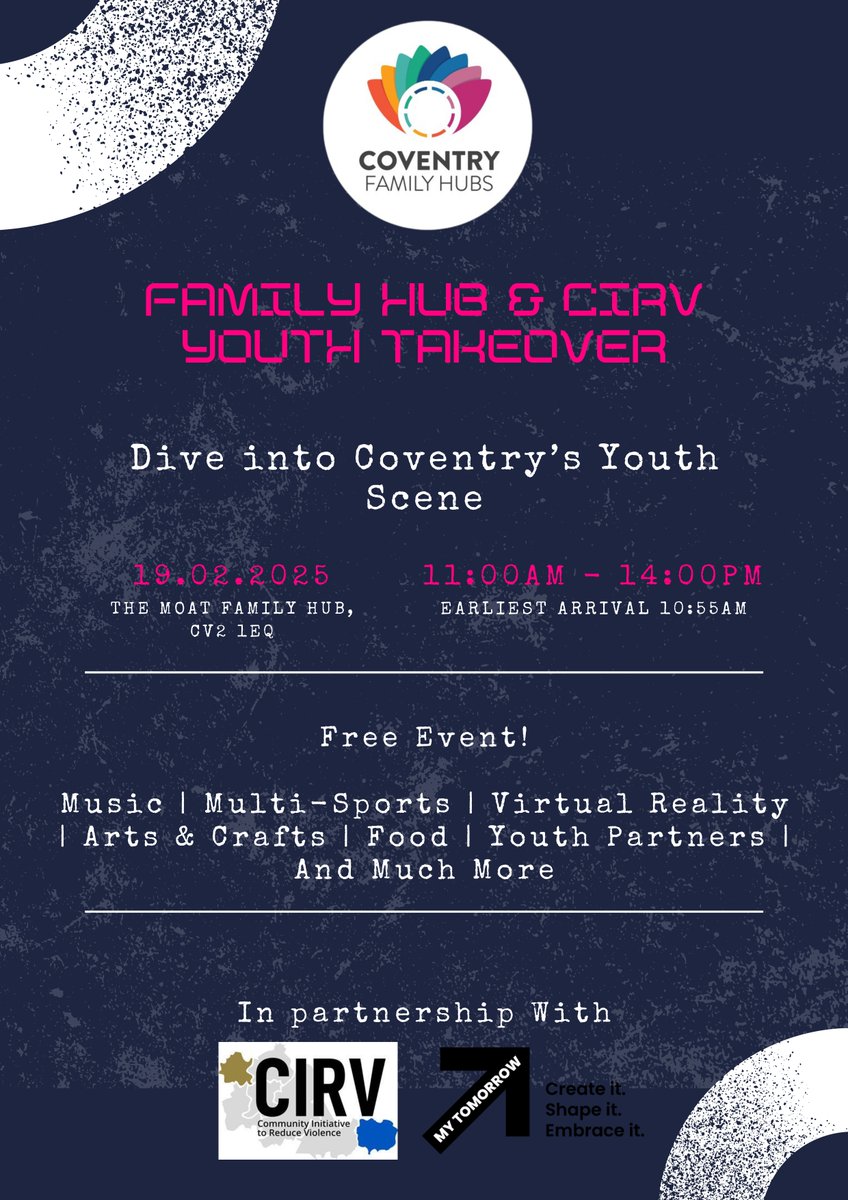 Join us on the 19th February for the Family Hub &amp; Community Initiative to Reduce Violence (CIRV) Youth Takeover. It will be at The Moat Family Hub between 11am to 2pm and is FREE for young people and Families.

RSVP here:
forms.office.com/Pages/Response…

#coventryyouth #familyhub