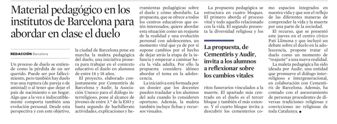 Albert Ortas (@albertortas) on Twitter photo El viatge del dol. La necessitat de parlar sobre la mort durant l’adolescència.
🕊️ Presentació de “La Maleta Pedagògica del dol.” Un projecte fruit de l’aliança entre <a href="/CementirisBCN/">Cementiris de Barcelona</a> (#BSM) i <a href="/_AUDIR/">AUDIR</a> per abordar la gestió del dol als centres escolars de #Barcelona El viatge del dol. La necessitat de parlar sobre la mort durant l’adolescència.
🕊️ Presentació de “La Maleta Pedagògica del dol.” Un projecte fruit de l’aliança entre <a href="/CementirisBCN/">Cementiris de Barcelona</a> (#BSM) i <a href="/_AUDIR/">AUDIR</a> per abordar la gestió del dol als centres escolars de #Barcelona