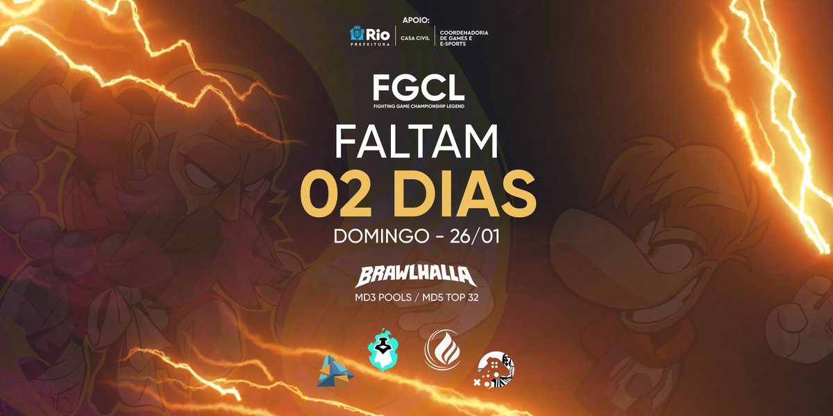 Faltam apenas 2 dias, não vai querer ficar de fora né?

📅 Data: 26/01 (Domingo)
💰 Prizepool: R$600,00
⌚️ Horário: 15h PM (BRT)

start.gg/FGCL

#Brawlhalla #FGCL