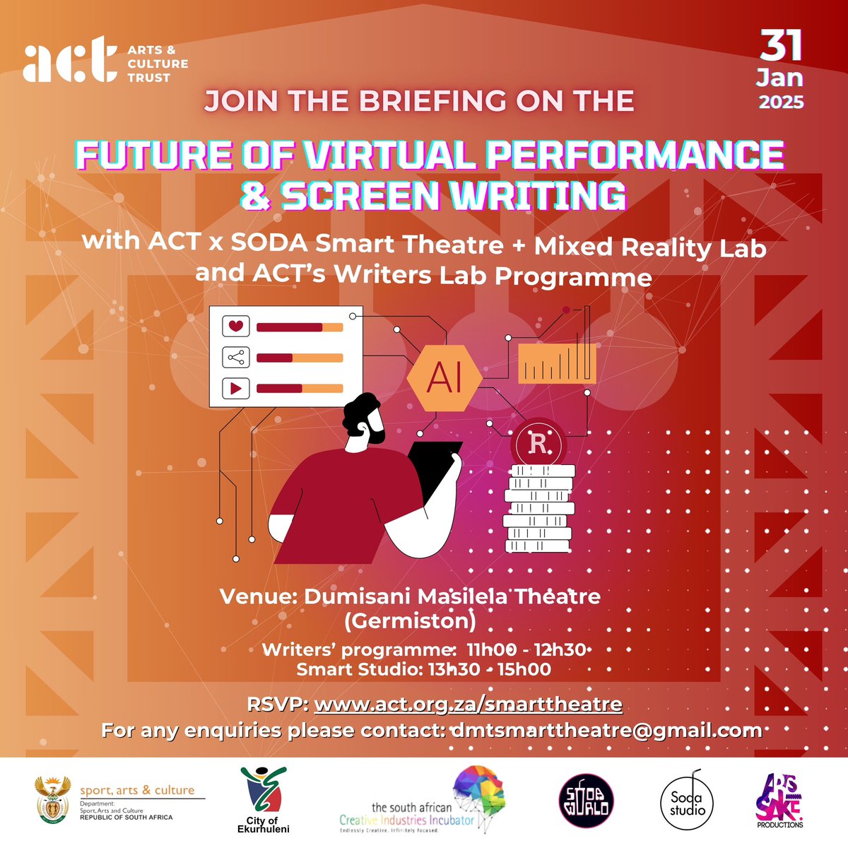 actorgza's tweet image. 🎬 Passionate about writing, film, or digital arts? Join ACT at the Dumisani Masilela Theatre (DMT) Briefing to explore:
🎥 Writers Lab: Screenwriting mentorship
💡 Smart Theatre: Digital, AI, Production and Mixed Reality skills in arts
👉 RSVP: act.org.za/smarttheatre.
#ACTSmart