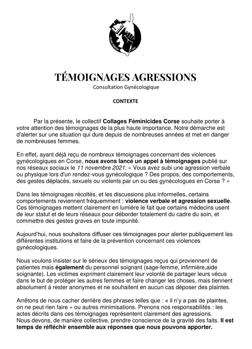 [AGRESSIONS ET VIOLENCES GYNÉCOLOGIQUES]
Le collectif <a href="/CollagesCorse/">Collages Feminicides Corse</a> dénonce l'omerta sur les agressions faites par notamment un gynécologue de la région bastiaise. Cela fait maintenant des années que ces faits, avérés, sont connus mais passés sous silence.
TÉMOIGNAGES  ⤵️