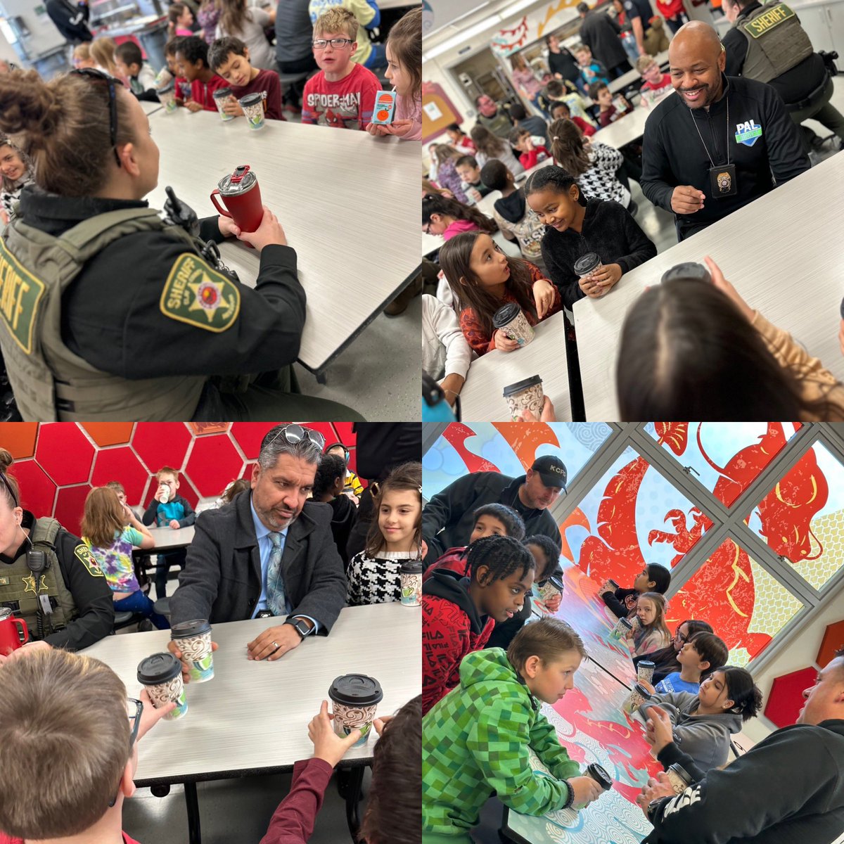 ChouteauSchool's tweet photo. Our Cocoa with Cops was full of fun chats, lots of smiles, some 🪨 📝 ✂️ challenges, &amp; even some arm wrestling! These kids rocked a 98+% attendance for December to attend!! 
Thank you KCPD and Clay County Sheriff department who joined us! 
@kcpolice @SheriffClayCo @NKCSchools https://t.co/2BOtuc75sK