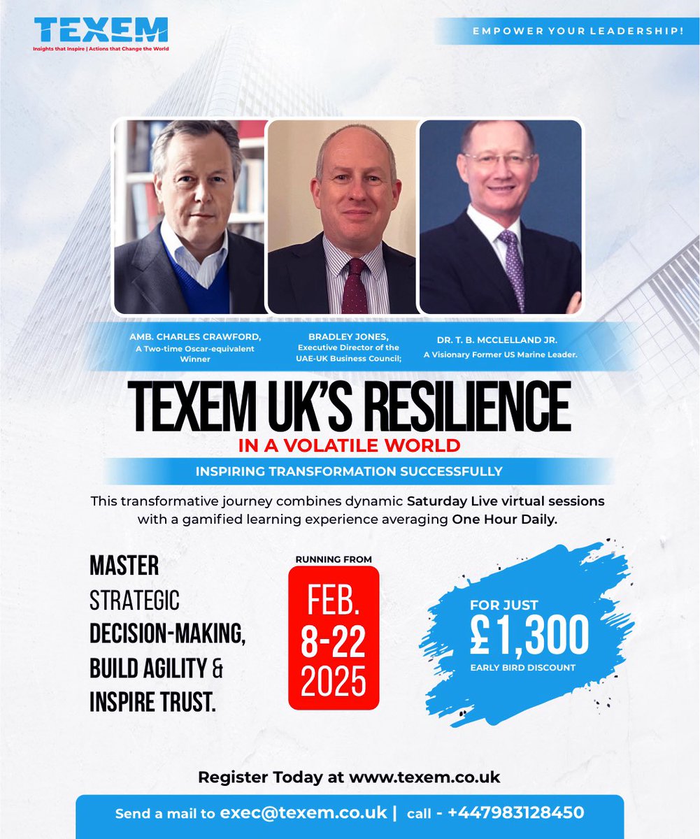 Texem_UK's tweet photo. Resilient leadership begins here!

Master strategic decision-making, build agility, & inspire trust with TEXEM UK's Resilience in a Volatile World programme.

📅 Feb. 8–22, 2025 | Virtual sessions
💷 Early bird: £1,300

👉 Register now: https://t.co/wmPQ2uIqK8

#ResilienceInAVolatileWorld