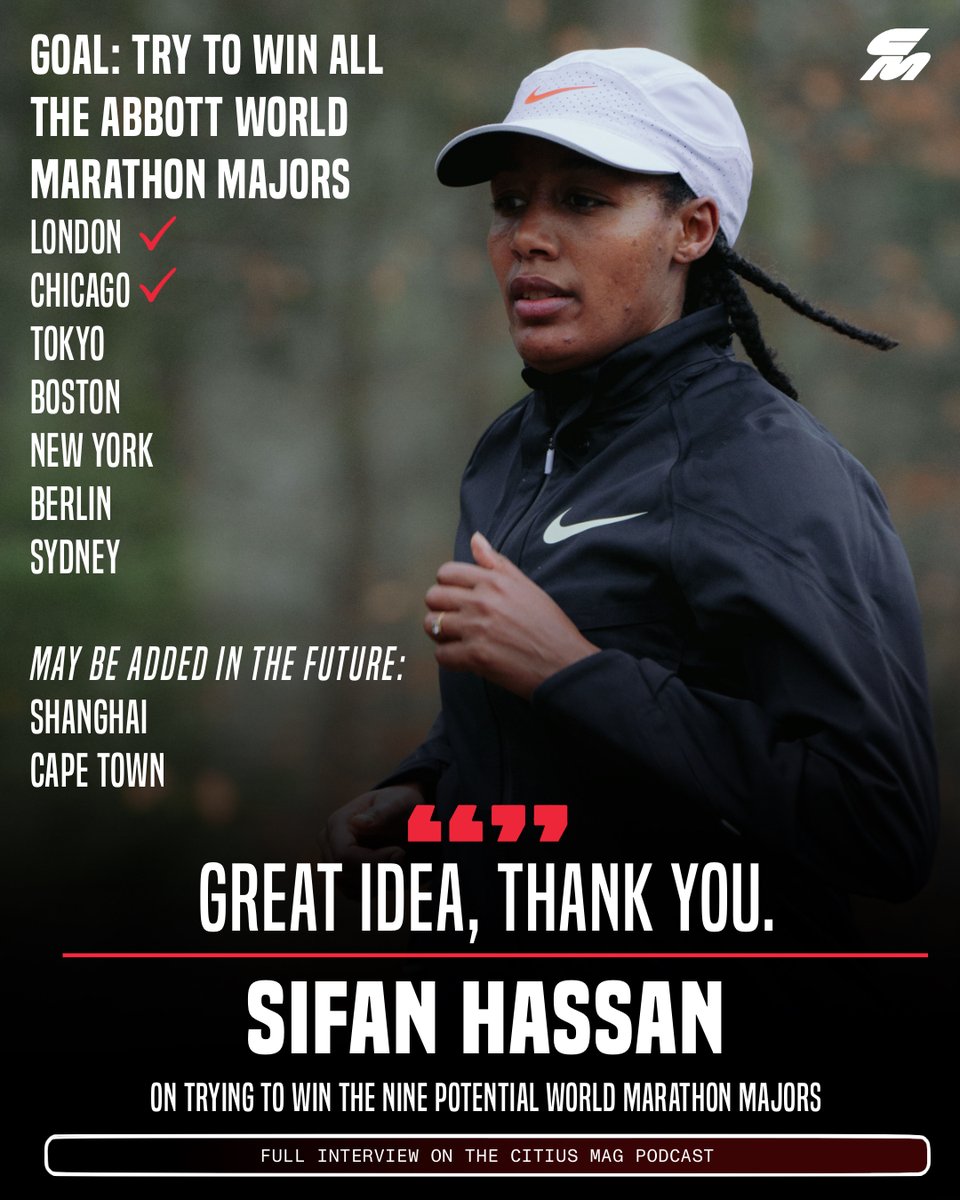 CitiusMag's tweet photo. There are currently seven World Marathon Majors. Sifan Hassan has won London (2023) and Chicago (2023). 

Could the Olympic champion go for trying to win the potential nine – if Shanghai and Cape Town get added in the coming years?

She's down for it.

Catch her on The CITIUS MAG Podcast:
🎧 SPOTIFY: https://t.co/9MBvhLDXnj 
🎧 APPLE PODCASTS: https://t.co/KW19s82yTW