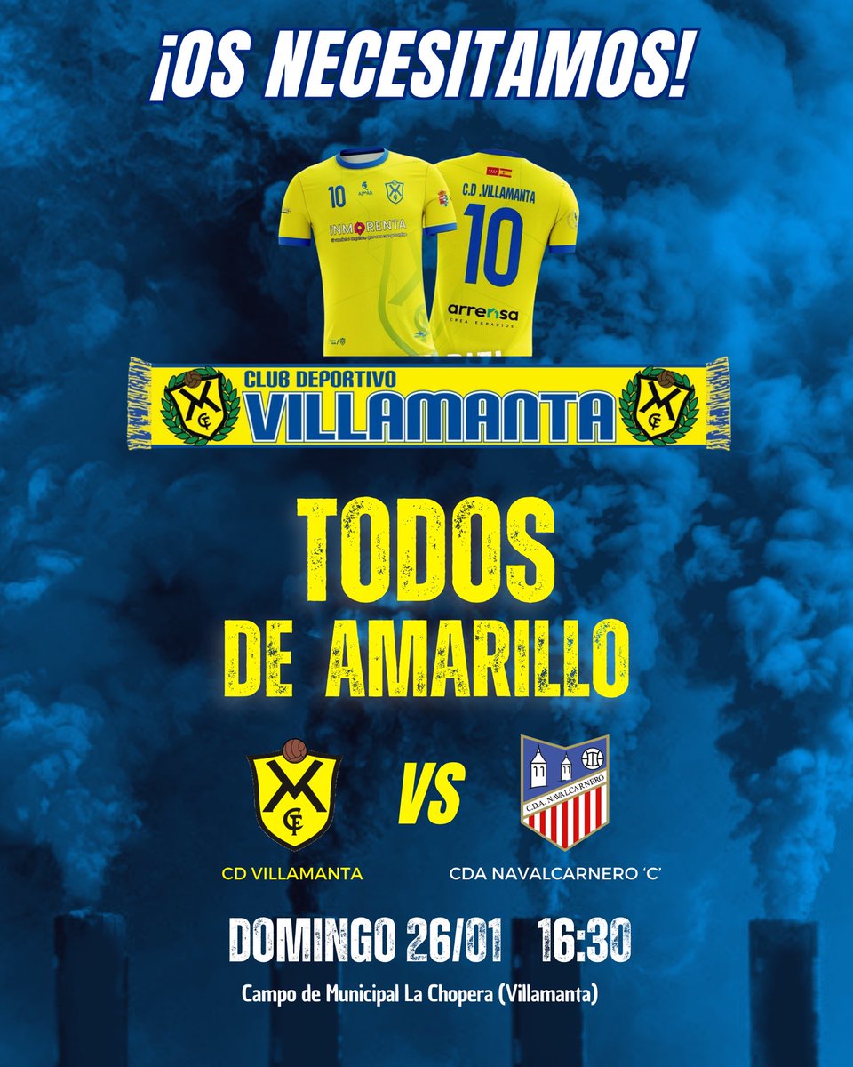¡𝐏𝐨𝐧𝐭𝐞 𝐭𝐮 𝐜𝐚𝐦𝐢𝐬𝐞𝐭𝐚 𝐚𝐦𝐚𝐫𝐢𝐥𝐥𝐚, 𝐜𝐨𝐠𝐞 𝐭𝐮 𝐛𝐮𝐟𝐚𝐧𝐝𝐚🧣 , 𝐲 𝐚𝐜𝐮𝐝𝐞 𝐞𝐥 𝐝𝐨𝐦𝐢𝐧𝐠𝐨 𝐚 𝐚𝐧𝐢𝐦𝐚𝐫 𝐚𝐥 𝐂𝐃 𝐕𝐢𝐥𝐥𝐚𝐦𝐚𝐧𝐭𝐚! 💛💙

📅 DOMINGO 26 DE ENERO

⏰ 16:30

🏟️ Campo Municipal La Chopera (Villamanta)

🆚 CDA NAVALCARNERO “C”