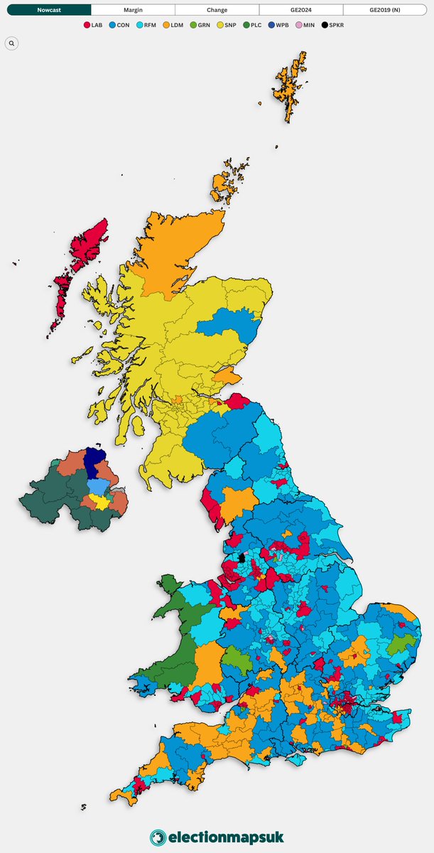 My Seat Model of today's FindOutNow Poll:

RFM: 190 (+185)
LAB: 161 (-250)
CON: 141 (+20)
LDM: 71 (-1)
SNP: 46 (+37)
Oth: 11 (+6)
GRN: 7 (+3)
PLC: 4 (=)

+ NI (18) &amp; Speaker (1).
Changes w/ GE2024.