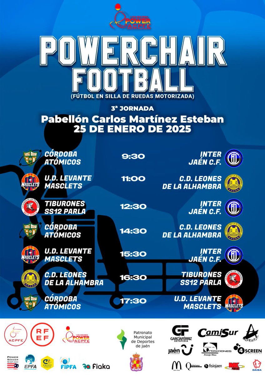 PatronatoJ's tweet photo. El @InterJaen será mañana el anfitrión de la tercera jornada de la Liga de powerchair de Primera División ♿️⚽️ que se disputa mañana sábado en el pabellón Carlos Martínez Esteban

Participarán 5 equipos de toda España 

👉 De 9:30 a 18:30 horas con entrada libre y gratuita https://t.co/mlJyQI3ie0