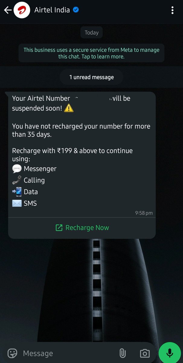 smsvasan's tweet photo. Got this message today from Airtel verified business account. Why should I recharge my account when I have an active plan with a validity for next 3 months. @airtelindia 
Absolutely ridiculous. https://t.co/n94vqRTgP1