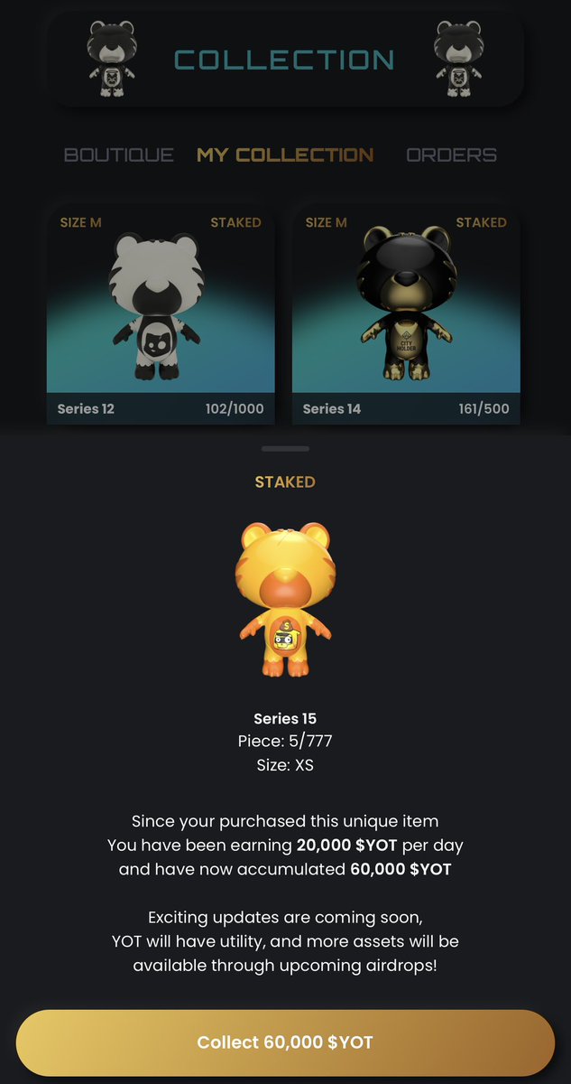 TOYGERS Incentive Collectors  

Staking is now live in the TOYGERS app 📲  

Earn daily rewards and unlock the full potential of your collection as we gear up for the launch of the Phygital Factory and Gallery…  

Looking to add more TOYGERS? Now's the perfect time to grow your