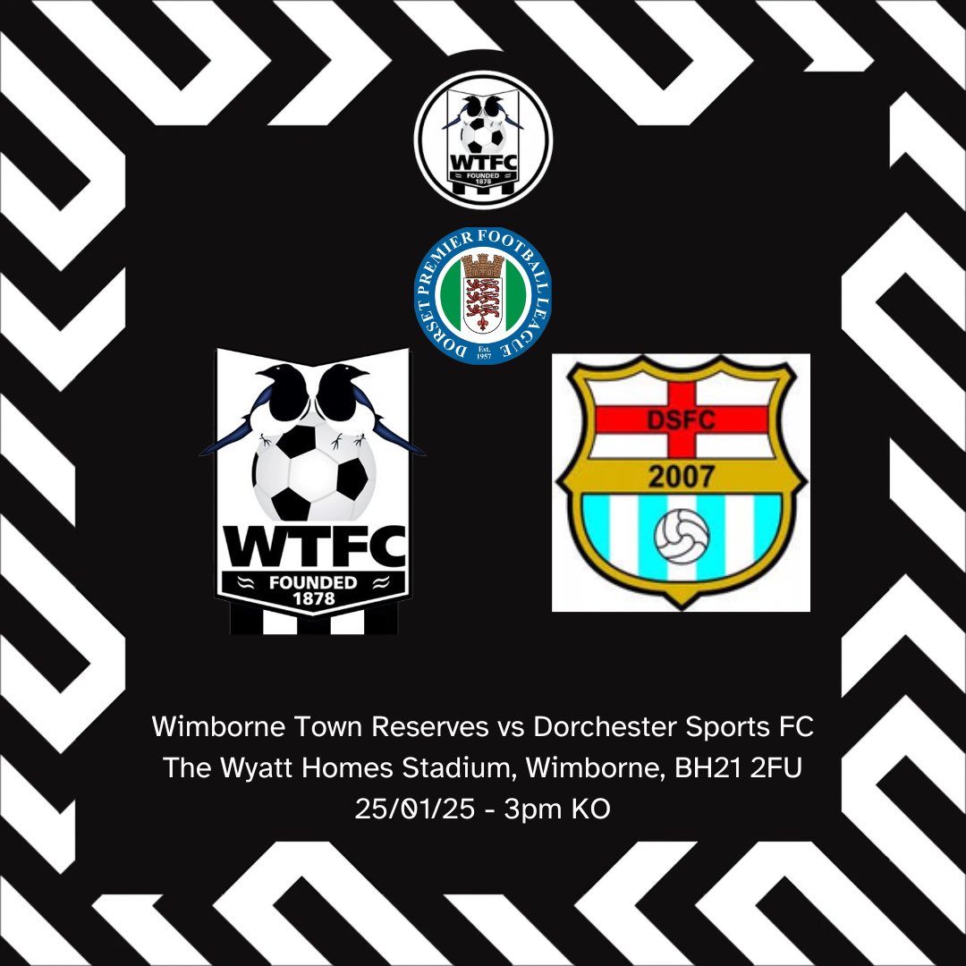 Wimborne Town FC Reserves (@wtfcres1878) on Twitter photo TOMORROW:
We face <a href="/DorchSports/">Dorchester Sports FC</a> at home.
π Dorchester Sports FC
β½οΈ <a href="/DPL_official/">Dorset Premier Football League</a>
ποΈ The Wyatt Homes Stadium
πBH21 2FU
ποΈ25.01.2025
β°3pm KO
#upthemagpies π₯§ TOMORROW:
We face <a href="/DorchSports/">Dorchester Sports FC</a> at home.
π Dorchester Sports FC
β½οΈ <a href="/DPL_official/">Dorset Premier Football League</a>
ποΈ The Wyatt Homes Stadium
πBH21 2FU
ποΈ25.01.2025
β°3pm KO
#upthemagpies π₯§