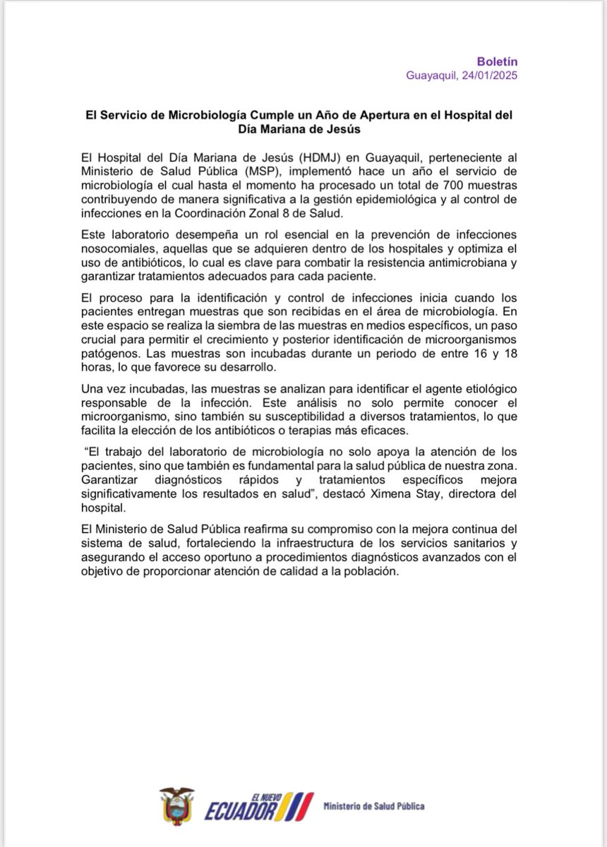 Salud_Guayas's tweet photo. #BoletínDePrensa 📃 El Servicio de Microbiología del Hospital Mariana de Jesús 🏥cumple un año contribuyendo a la salud pública en Guayaquil.

Más información en el siguiente boletín ⬇️

#ElNuevoEcuadorResuelve https://t.co/5rOBsCuevC