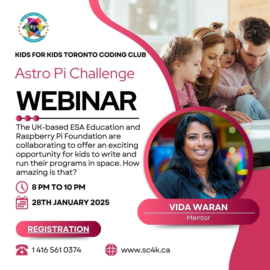 CodingforKidsVW's tweet image. 🚀 Free Webinar for Kids & Teens! 🌌
Calling all young innovators! Join our free webinar to learn about the Astro Pi Challenge 2024/2025, an incredible opportunity by the European Space Agency (ESA) and Raspberry Pi Foundation.
sc4k.ca/event-details-…