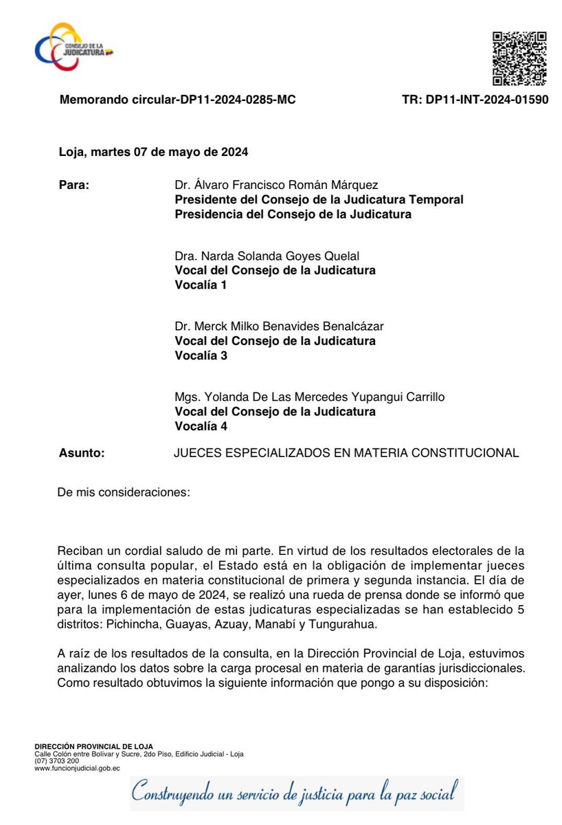 AliciaesLoja's tweet photo. Consejo de Judicatura presidido por Mario Godoy, (empleado de Noboa), pretende dejar a Loja sin justicia constitucional especializada, pese a ser la 1era en carga procesal por juez. Hoy tendremos que viajar tres horas para acceder a la justicia 🆘 #LojaConstitucional @MashiRafael https://t.co/dhW0QusNd4