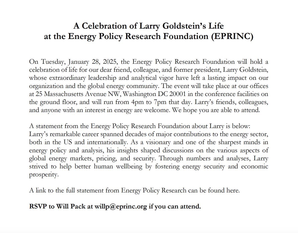 𝐀 𝐂𝐞𝐥𝐞𝐛𝐫𝐚𝐭𝐢𝐨𝐧 𝐨𝐟 𝐋𝐚𝐫𝐫𝐲 𝐆𝐨𝐥𝐝𝐬𝐭𝐞𝐢𝐧'𝐬 𝐋𝐢𝐟𝐞 at <a href="/EPRINC_DC/">Energy Policy Research Foundation</a> on Jan 28. 
𝐑𝐒𝐕𝐏: willp@eprinc.org.