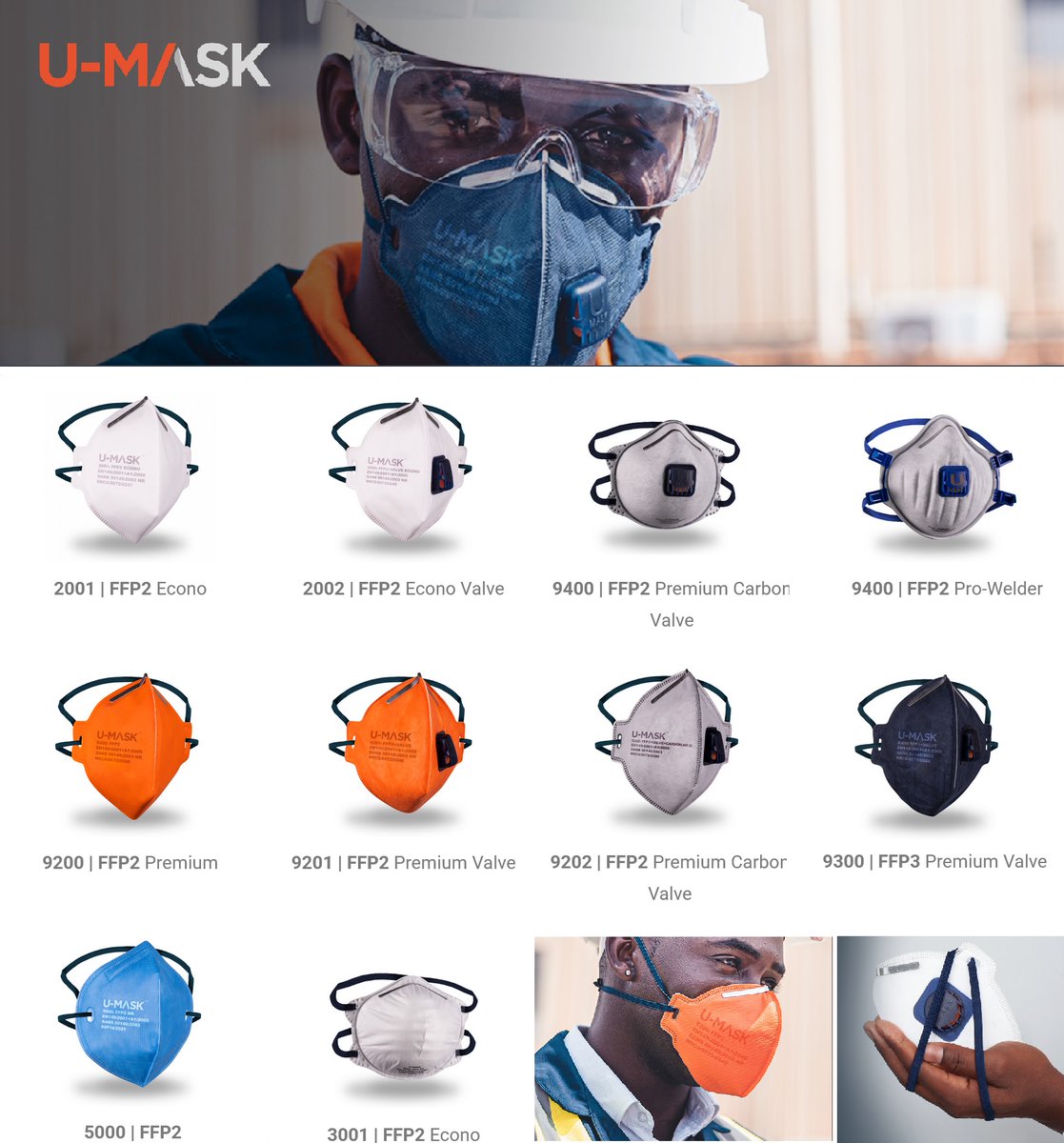 Skywriter37's tweet photo. U-Mask is a South African mask manufacturer that is using 98% locally produced materials. The product range includes ffp2/ffp3 flat folds, moulded cup shapes and medical ffp2 respirators under the SANS 50149:2023 standard (identical to EN149). https://t.co/HMChY1tp2O