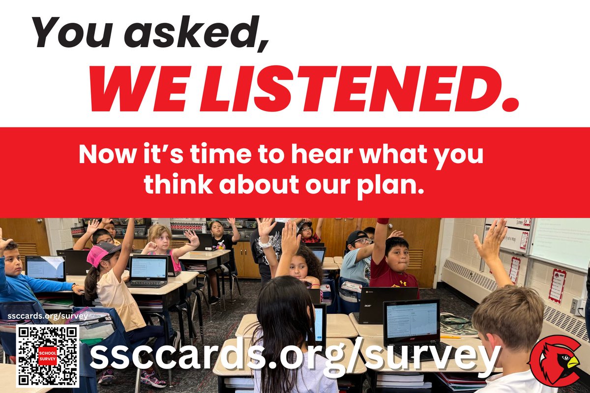 SSCcardinalNews's tweet photo. 💬 You asked, we listened.
Through surveys and conversations, your voice helped us identify the steps needed to improve South Sioux City Community Schools. Now it’s time to hear what you think about our plan.

📩 Share your thoughts in our brief survey: https://t.co/BDzNibo9qA

💬 Tú preguntaste, nosotros escuchamos.
A través de encuestas y conversaciones, tu voz nos ayudó a identificar los pasos necesarios para mejorar las Escuelas Comunitarias de South Sioux City. Ahora es momento de saber qué piensas sobre nuestro plan.

📩 Comparte tu opinión en nuestra breve encuesta: https://t.co/BDzNibo9qA

#WeAreSSC #GoCards #CardPride #CommunityDriven #CardinalVision #SouthSiouxCity