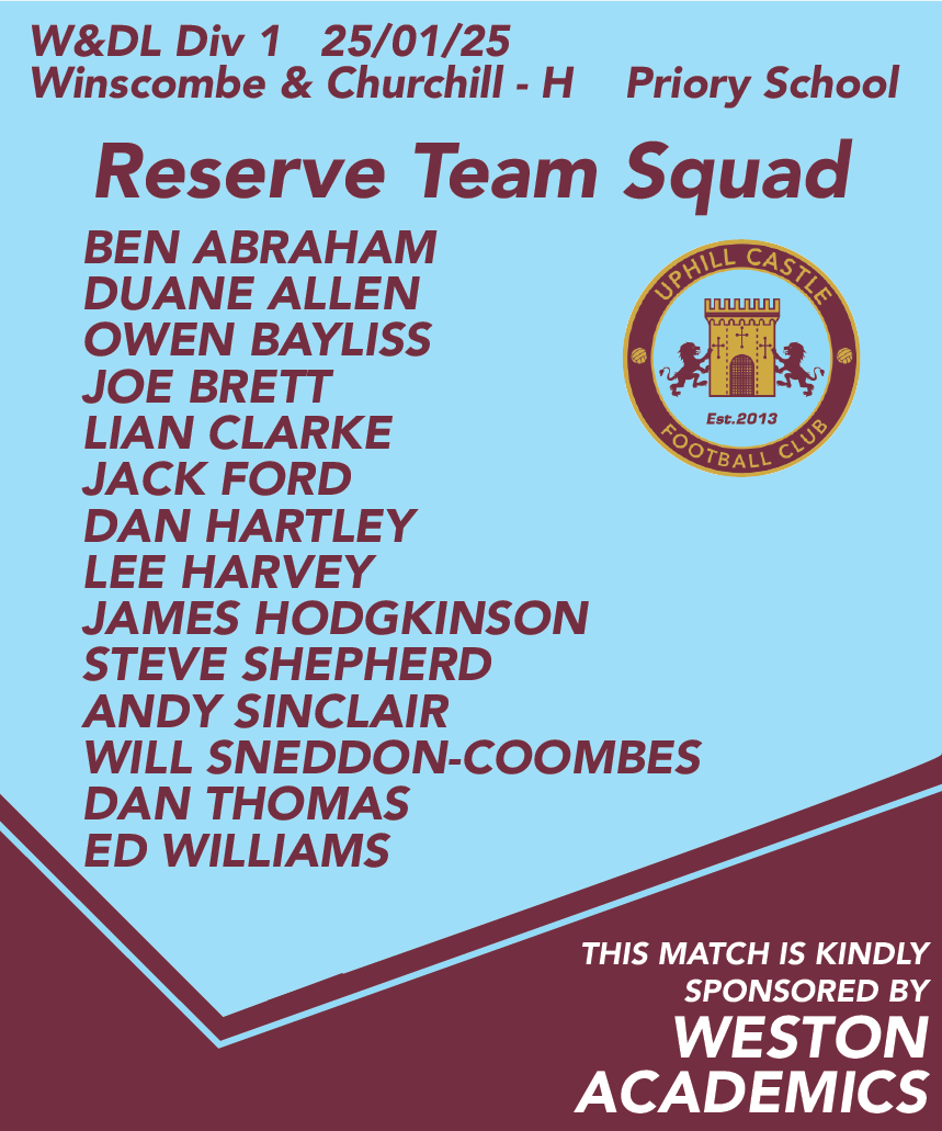 ClevedonAFC's tweet photo. FIXTURE π¨
Our reserves side host Winscombe and Churchill at Priory School in the @WDistrict_FL
Looking to keep the good run of form going with another win.
This match is kindly sponsored by Weston Academics.
https://t.co/ZyHRxa3BsK
Squad below π
#UpTheCastleπ°β½ https://t.co/DXNwu4Z7iE