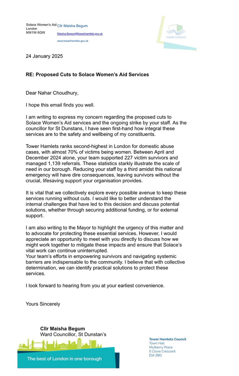 Maisha (@cllr_maishab) on Twitter photo Domestic violence advisers at <a href="/SolaceWomensAid/">Solace Women's Aid</a> are striking to save vital support services in Tower Hamlets.
I have written to their CEO demanding urgent action.
These services are a lifeline for survivors. Failure to protect them is a failure to protect lives. Domestic violence advisers at <a href="/SolaceWomensAid/">Solace Women's Aid</a> are striking to save vital support services in Tower Hamlets.
I have written to their CEO demanding urgent action.
These services are a lifeline for survivors. Failure to protect them is a failure to protect lives.