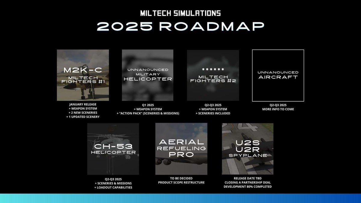 Miltech Simulations MSFS roadmap for 2025, has 2 helicopters, CH-53 included: buff.ly/3WvsODu 

#flightsim #msfs #msfs2020 #msfs2024 #miltechsimulations @msfsofficial @asobostudio