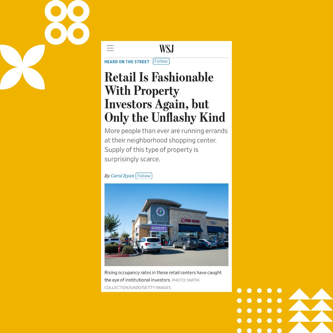 It’s a strategy that Kimco has always believed in, and investors are taking notice: open-air, grocery-anchored retail is essential, therefore it’s a solid investment.

Read more from the Wall Street Journal: wsj.com/real-estate/co…
