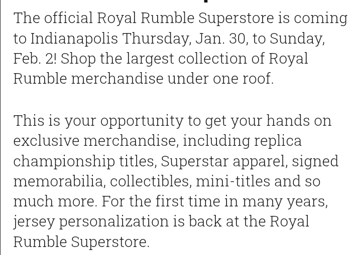 TheBalorClubGuy's tweet photo. WWE Royal Rumble Store
Next Thursday-Sunday
Indiana Convention Center
Featuring exclusive merch, photo opportunities with WWE talent, Fanatics Live hosted by Tyler Breeze and Big E. Also Jersey Personalization!
#WWEIndy #RoyalRumble https://t.co/skC6fwSfH6