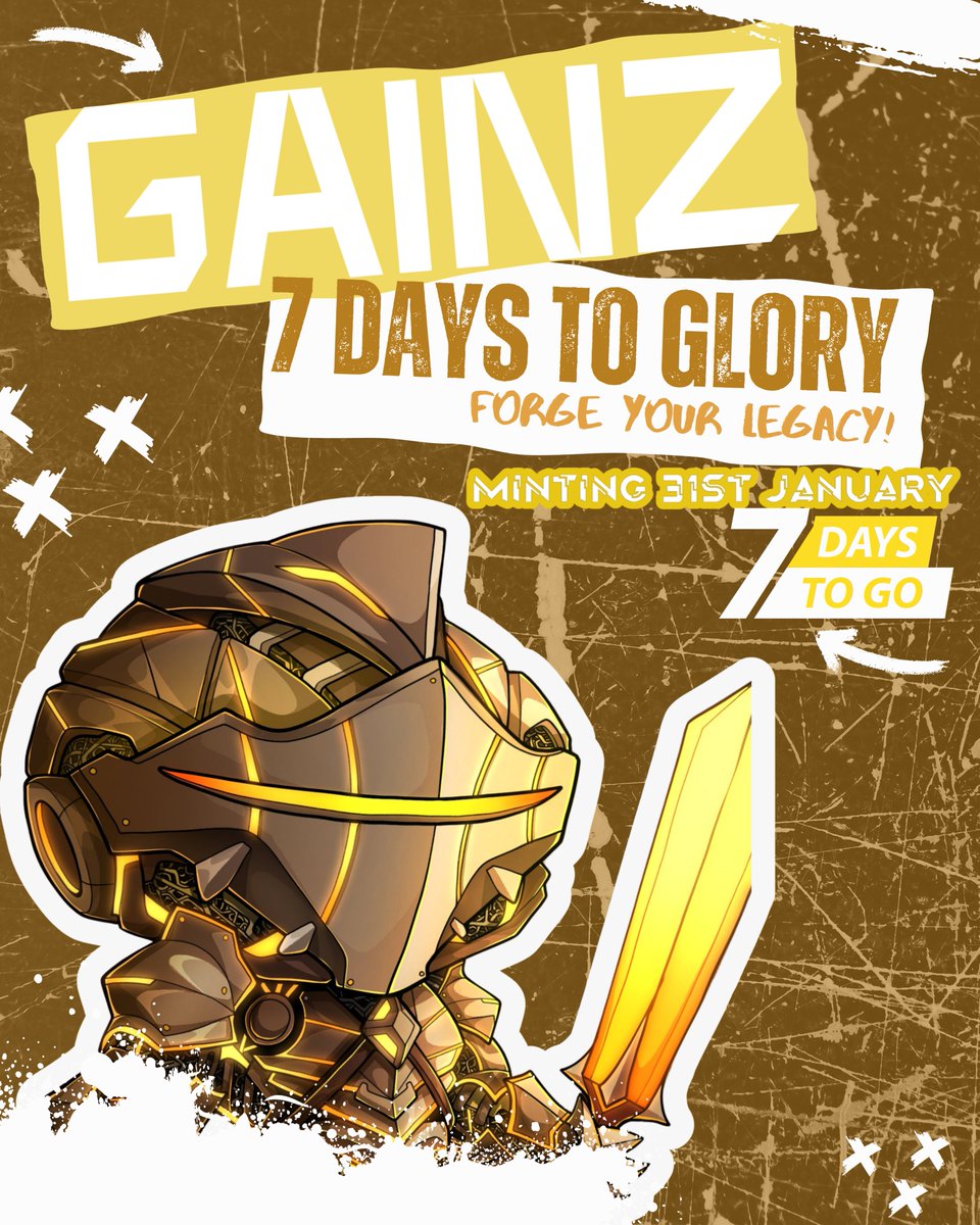 The countdown to greatness reaches T-7! 🛡️⚔️ Witness the rise of the GAINZ Champion, ready to lead the charge. Are you prepared to claim your legacy? 🌟 #GAINZNFT