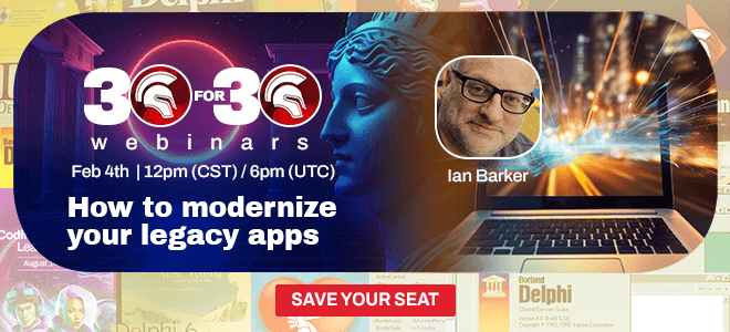EmbarcaderoTech's tweet photo. WEBINAR: Modernize Legacy Apps Easily!
π
Tuesday, Feb 4 | 12 PM CST / 6 PM UTC
Upgrade UI, migrate to the latest Delphi or C++, and refresh outdated software.
π₯ Watch live: https://t.co/99KBUlyHCn
#Delphi #C++Builder #LegacyApps #AppDev https://t.co/mqp8SmcWKS
