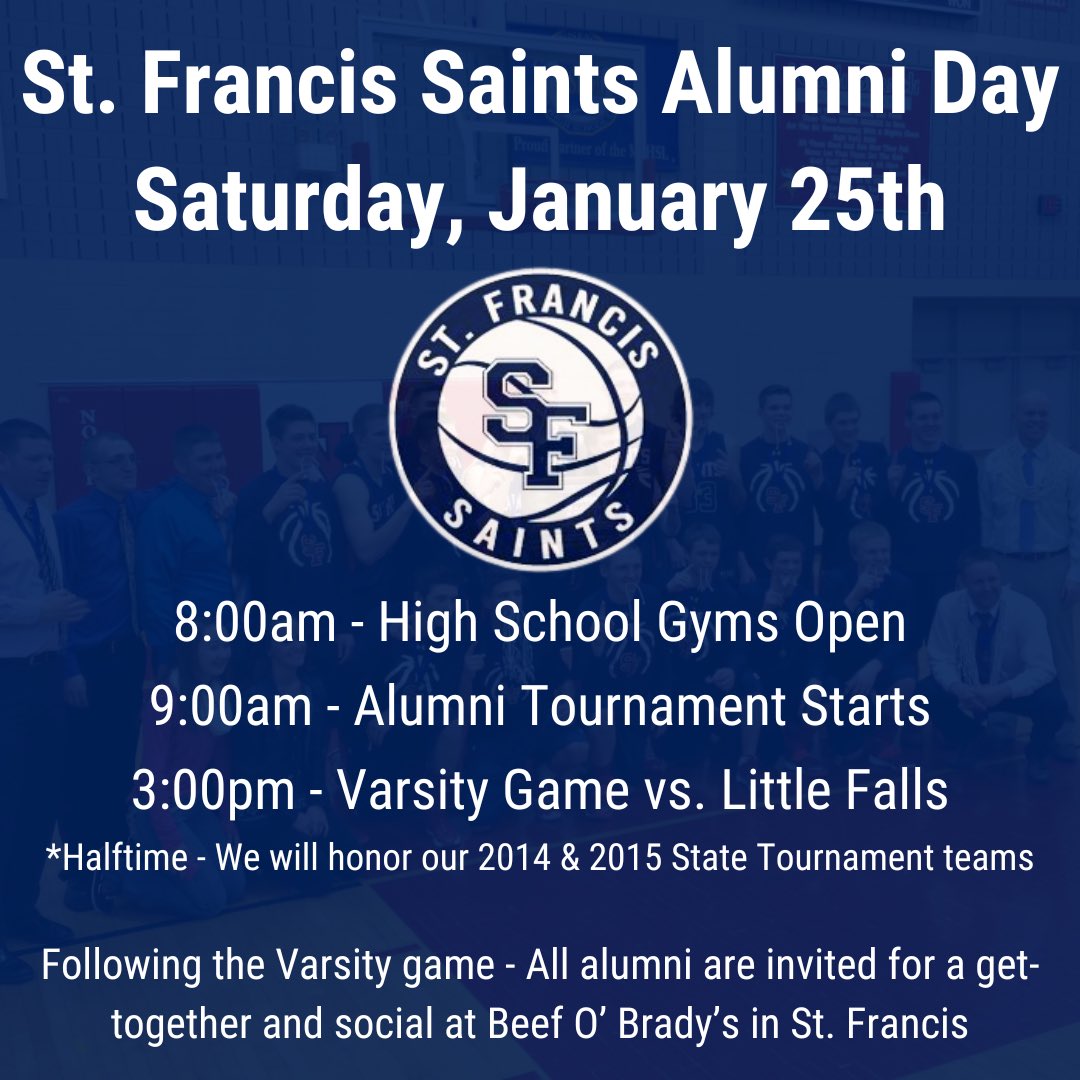 Tomorrow! Come and join us tomorrow as we celebrate the history of St. Francis basketball!

Alumni - bring a reversible jersey if possible, or else a dark and light shirt.