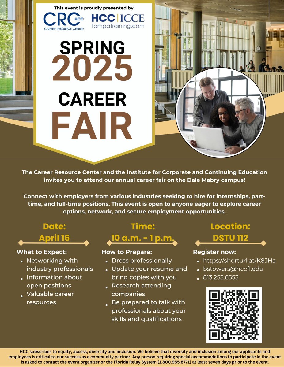 Join us for HCC’s Annual Career Fair on April 16 from 10 a.m. - 1 p.m. at DSTU 112! Connect with employers hiring for internships, part-time &amp; full-time positions. 🌟

How to Prepare:
👔 Dress professionally
📄 Bring your updated resume
🔍 Research companies attending