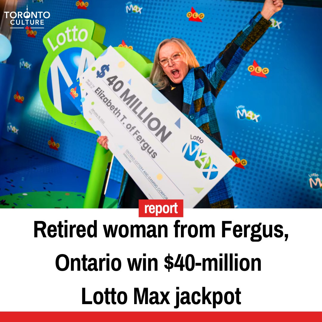 toronto_culture's tweet image. Elizabeth Trafford, a retiree from Fergus, Ont., won the $40M Lotto Max jackpot on Dec. 10. She plans to travel and leave a legacy for her son. Locals cheered her win at Blinkhorn’s Corner Variety.

#LottoMax #OntarioWinner #LifeChangingWin #SmallTownLuck #TorontoCulture