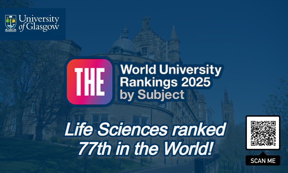 UofGLifeSci's tweet photo. 7⃣7⃣th in 🌍 for 2025 according to @TimesHigherEd. 

🆙A rise of four places on our 2024 ranking.  

💯 One of eight @UofGlasgow subject areas to make their respective #WorldTop100.  👏

📜 Full rankings: https://t.co/Pqn1HQ9C2Q https://t.co/8QGxQyhprC