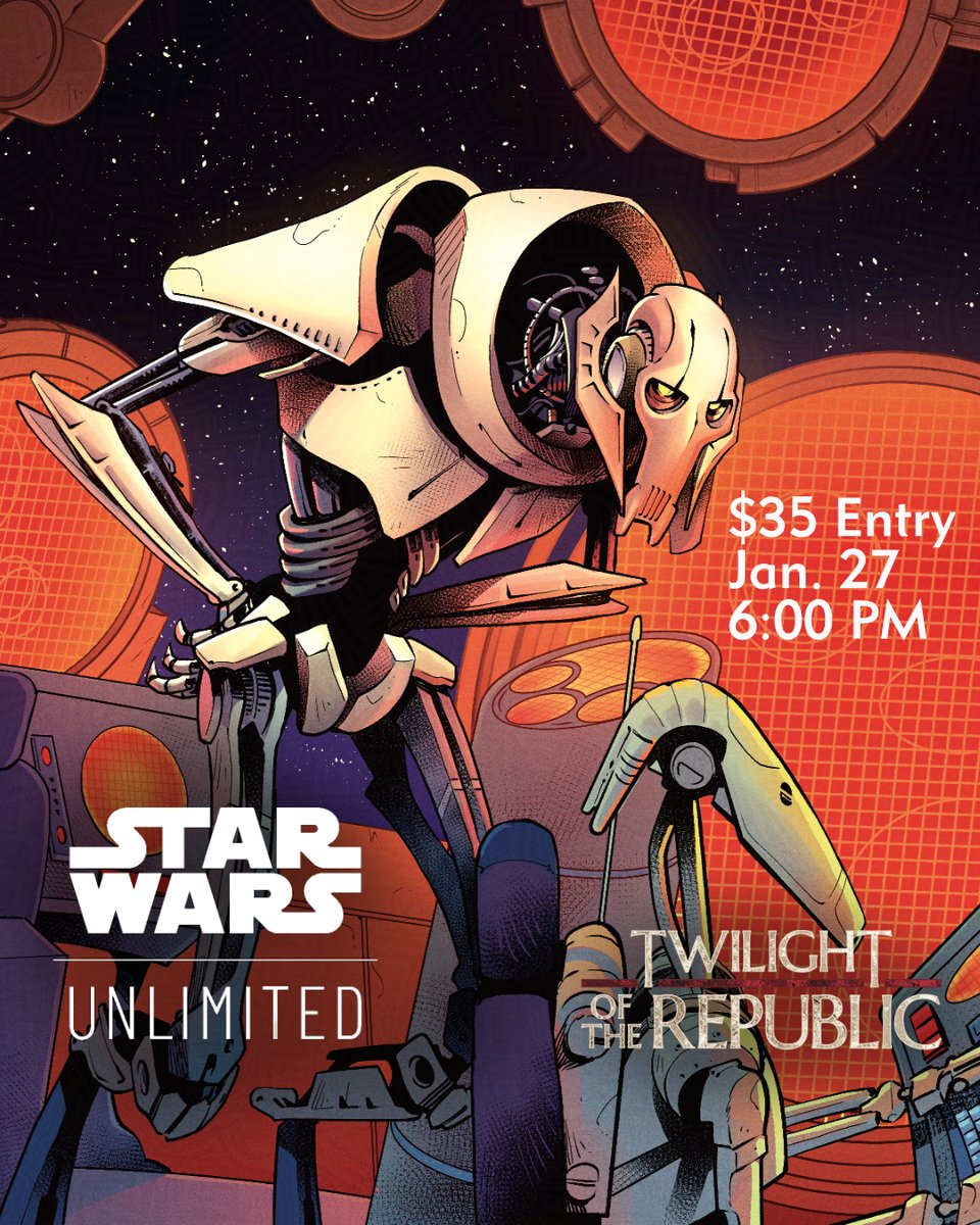 Build a deck from 6 packs and duel it out in a casual sealed tournament. All players will leave with an additional 2 packs prizing. Pre-register @ boardgames.ca

#swu #sealed #twilightofthereublic #flgs