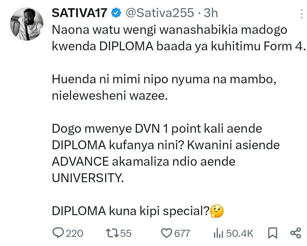Eng_Matarra's tweet photo. DIPLOMA Vs ADVANCED LEVEL

UZI umechangiwa na maswali mengi, mapendekezo mengi na pamoja na @Sativa255 kuuliza kutokana na mjadala wa matokeo ya kidato cha nne mwaka huu.

SABABU:
Hizi hapa ni sababu kwanini kwenda kusomea Diploma (Chuo) ni bora zaidi kuliko kuendelea na Advance https://t.co/WSLDWjbXij