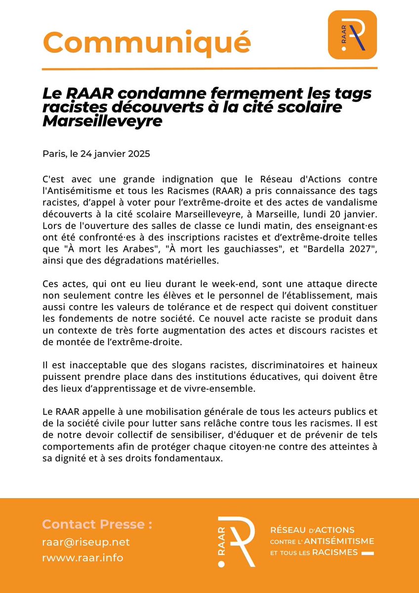 "À mort les Arabes", "À mort les gauchiasses", "Bardella 2027", le <a href="/RAAR2021/">Réseau contre l'Antisémitisme et tous les Racismes</a> condamne les tags racistes et dégradations matérielles découverts lundi à la cité scolaire Marseilleveyre.
Mobilisation générale contre tous les racismes et contre les idées de l'extrême-droite.