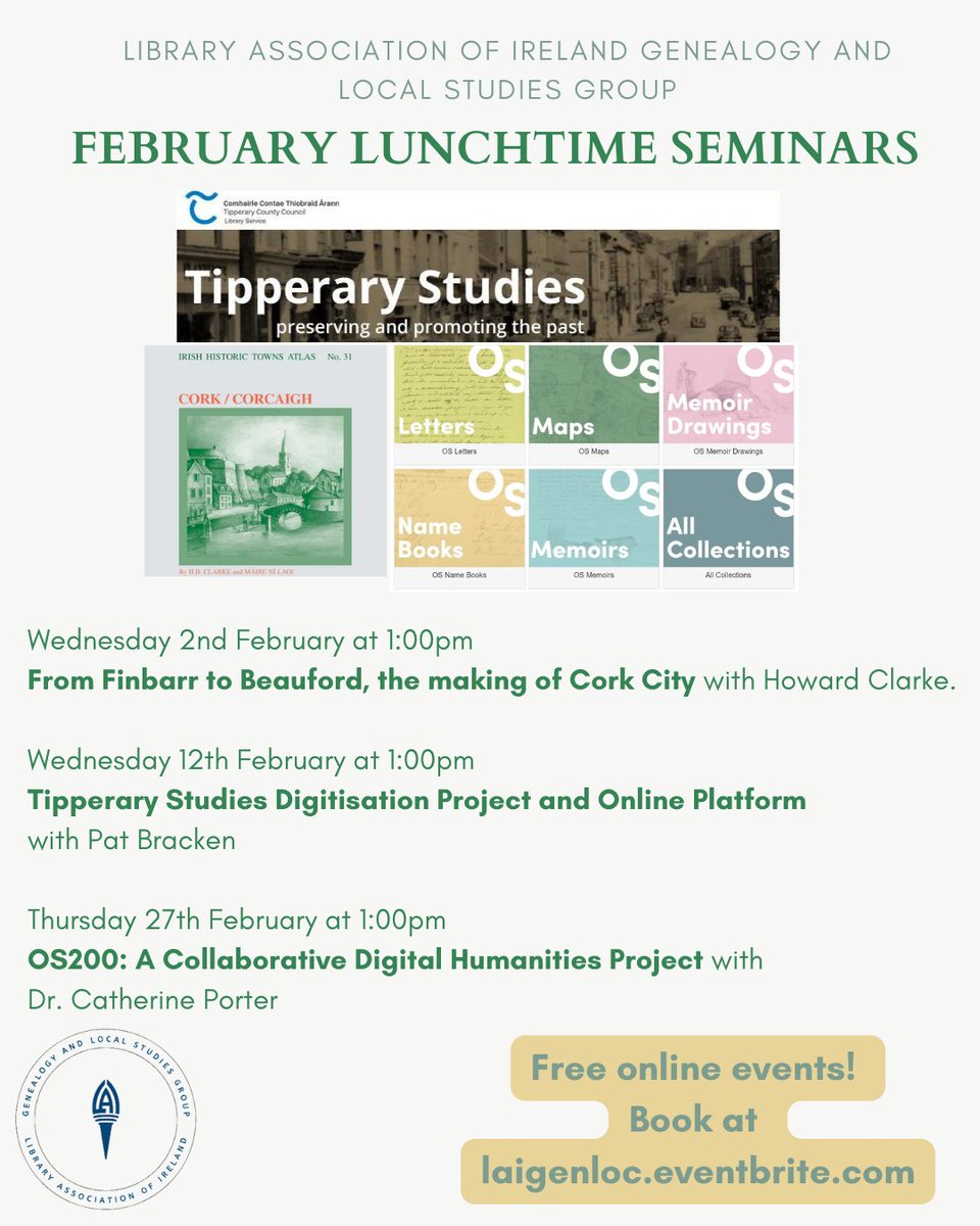LAIGenLoc's tweet photo. The Library Association of Ireland Genealogy and Local Studies Group is delighted to present a free series of online lunchtime seminars this February. Dive into talks about  digitization projects and mapping heritage. For full details see https://t.co/ij70tV41sS https://t.co/mR2b1Sp7Vt