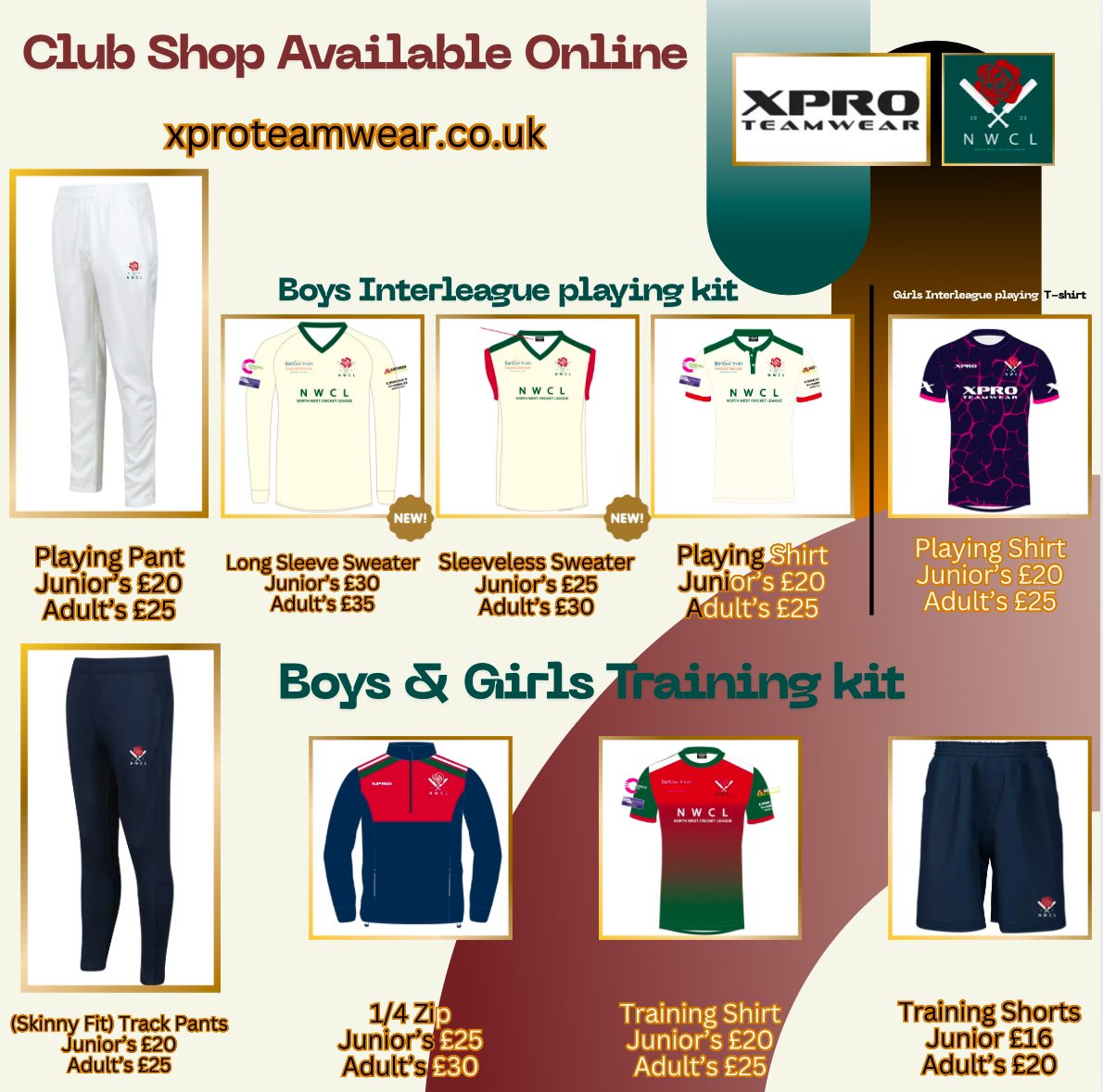 Our interleague sponsors XPro have kindly offered an amount per item sold to be put back into NWCL juniors.

xproteamwear.co.uk/collections/no…