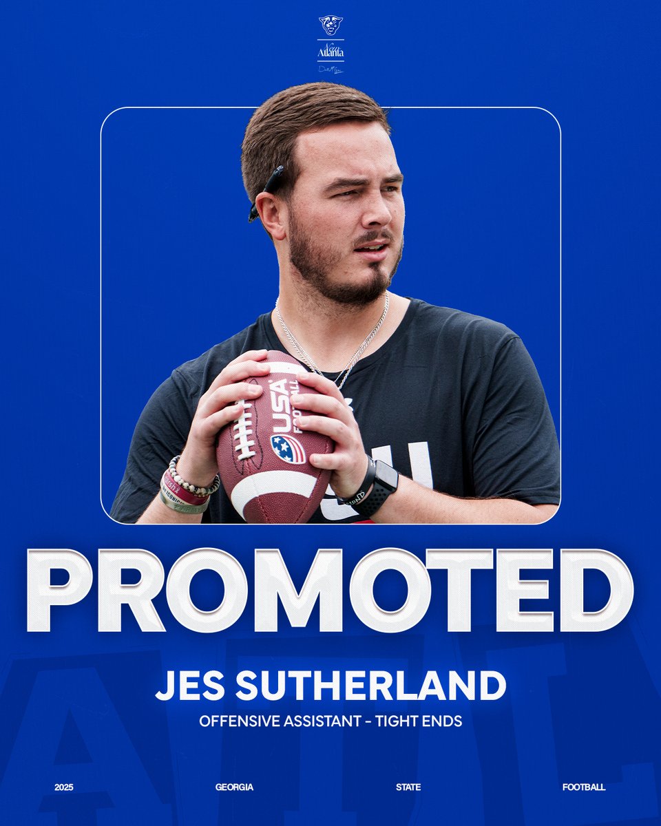 GSU Football (@georgiastatefb) on Twitter photo Promoted, <a href="/JES__III/">Jes Sutherland</a>! 📈
Coach Sutherland has been elevated to tight ends coach after working as an offensive analyst for the Panthers last season.
#LightItBlue | #NewAtlanta Promoted, <a href="/JES__III/">Jes Sutherland</a>! 📈
Coach Sutherland has been elevated to tight ends coach after working as an offensive analyst for the Panthers last season.
#LightItBlue | #NewAtlanta